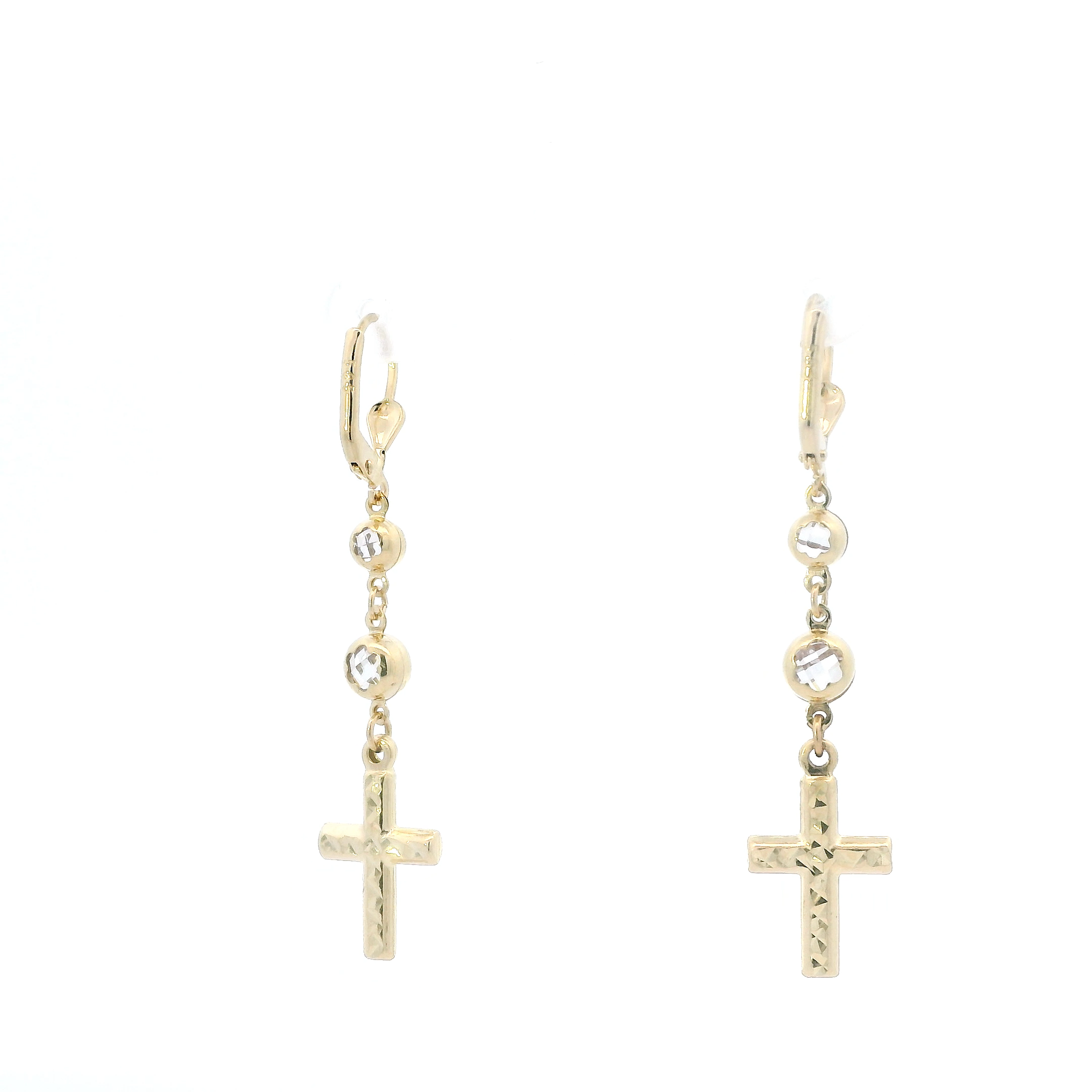 14K Yellow Gold Cz Dangle Cross Lever Back Earrings