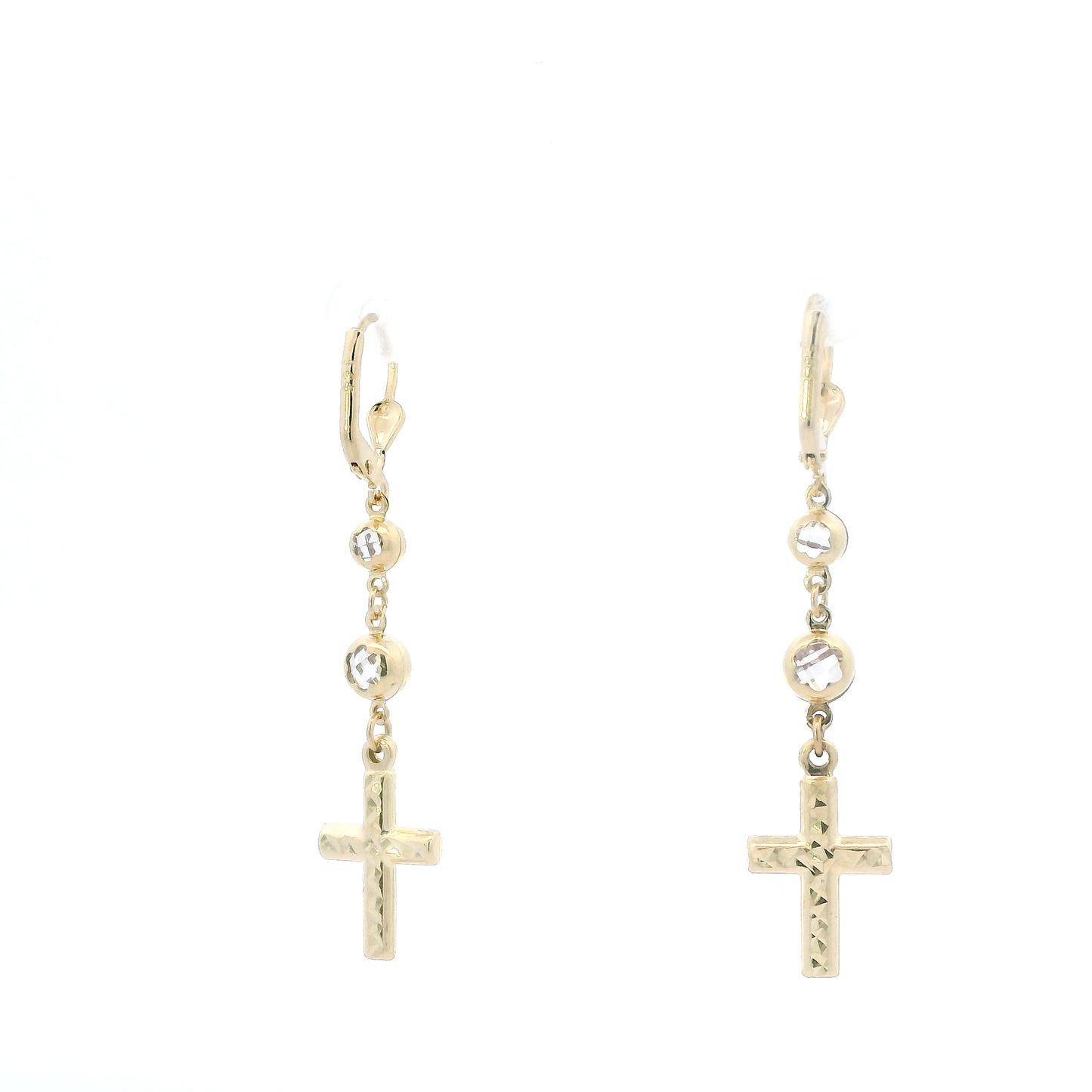 14K Yellow Gold Cz Dangle Cross Lever Back Earrings