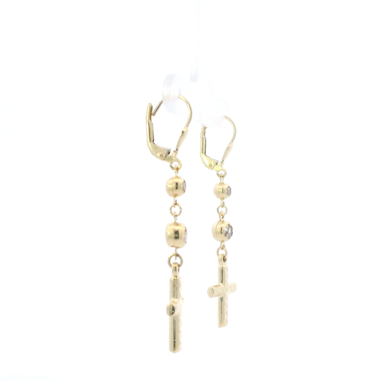 14K Yellow Gold Cz Dangle Cross Lever Back Earrings