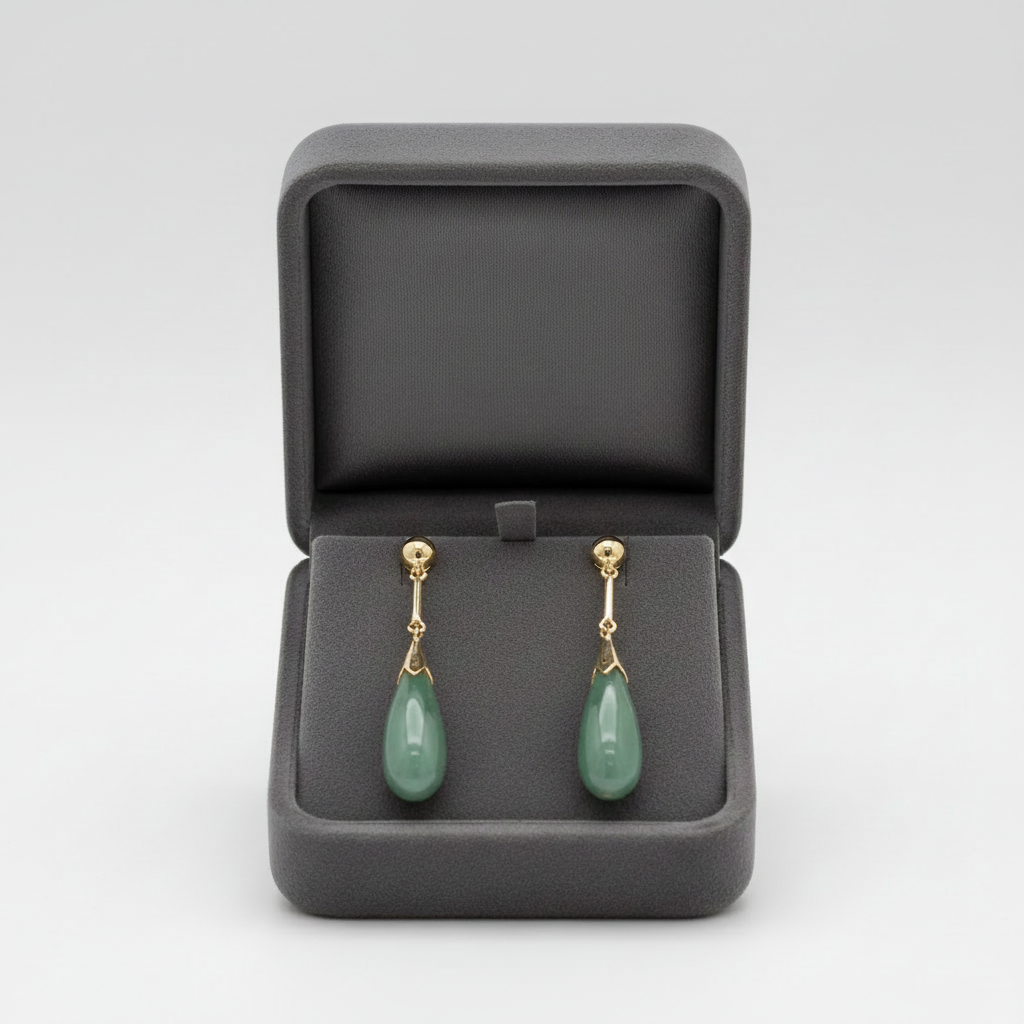 14K Yellow Gold Jade Drop Dangle Earrings