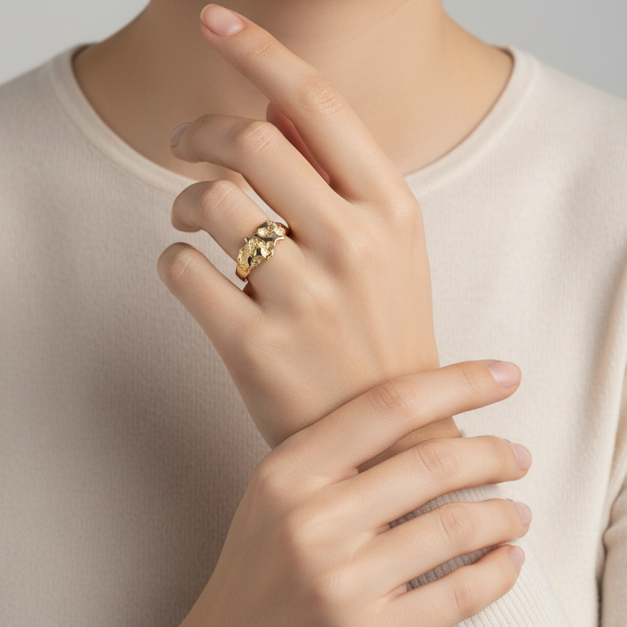 14K Yellow Gold Nugget Womens Ring