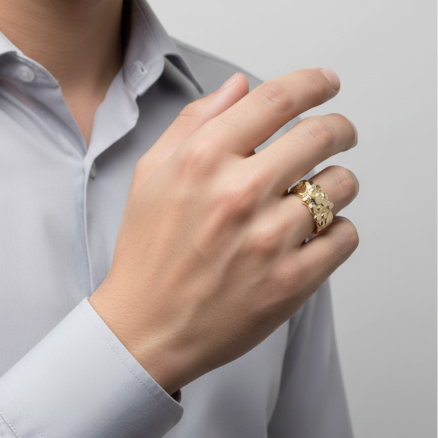 10K Yellow Gold Nugget Mens Ring