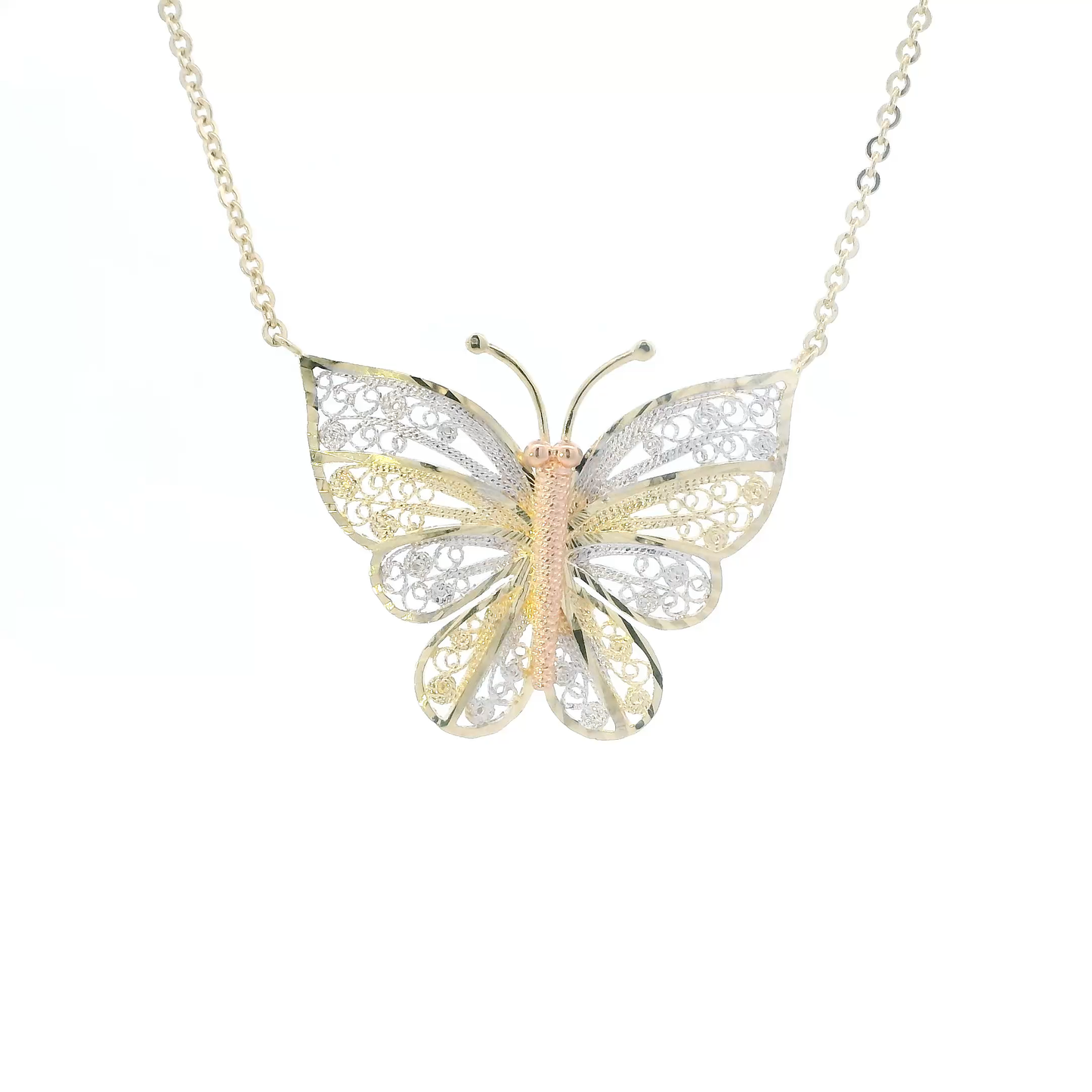 14k Tri Color Gold 17" Filigree Butterfly Necklace