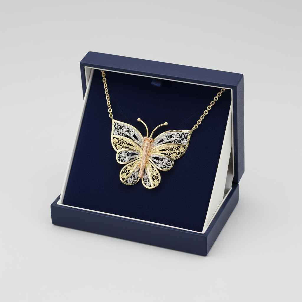 14k Tri Color Gold 17" Filigree Butterfly Necklace