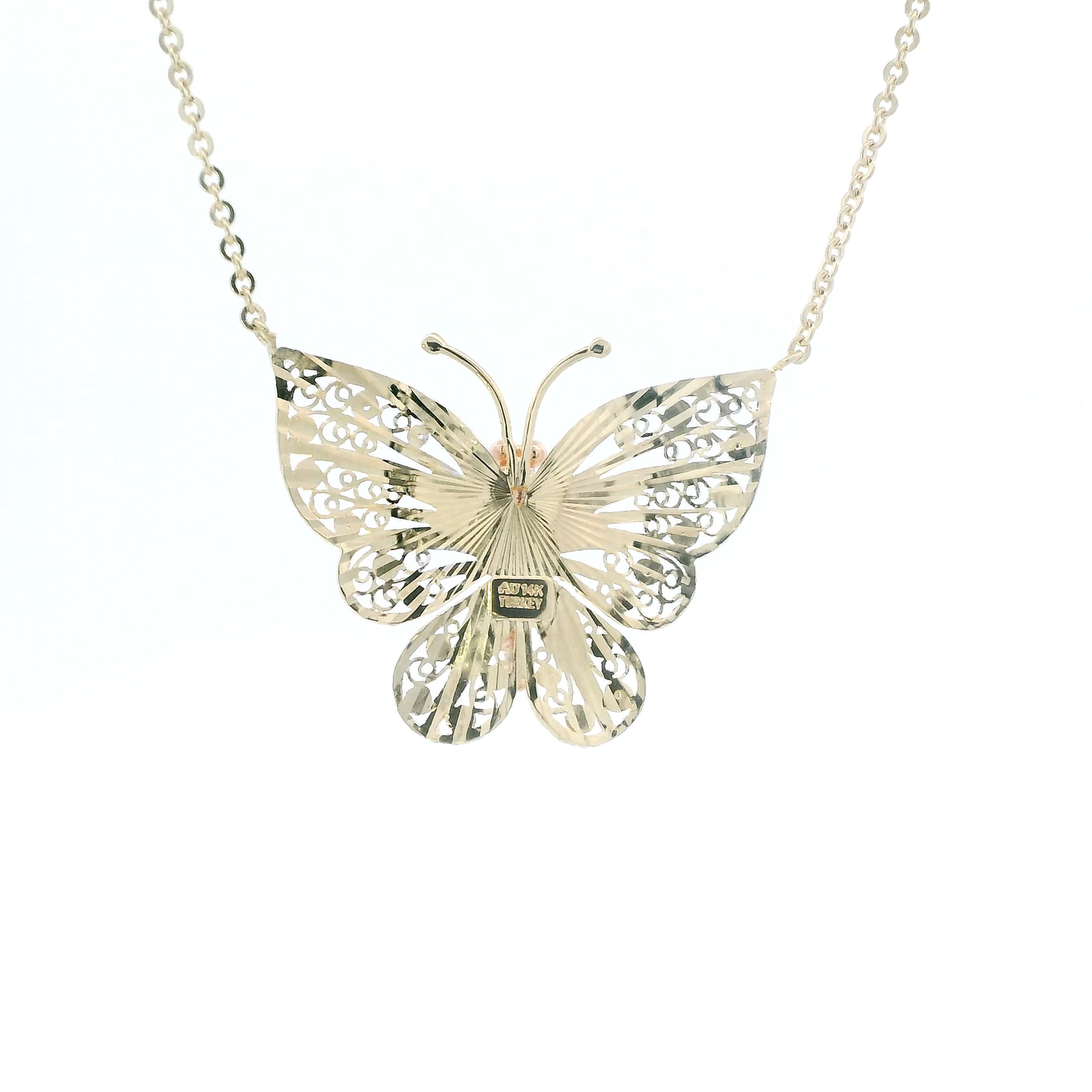 14k Tri Color Gold 17" Filigree Butterfly Necklace