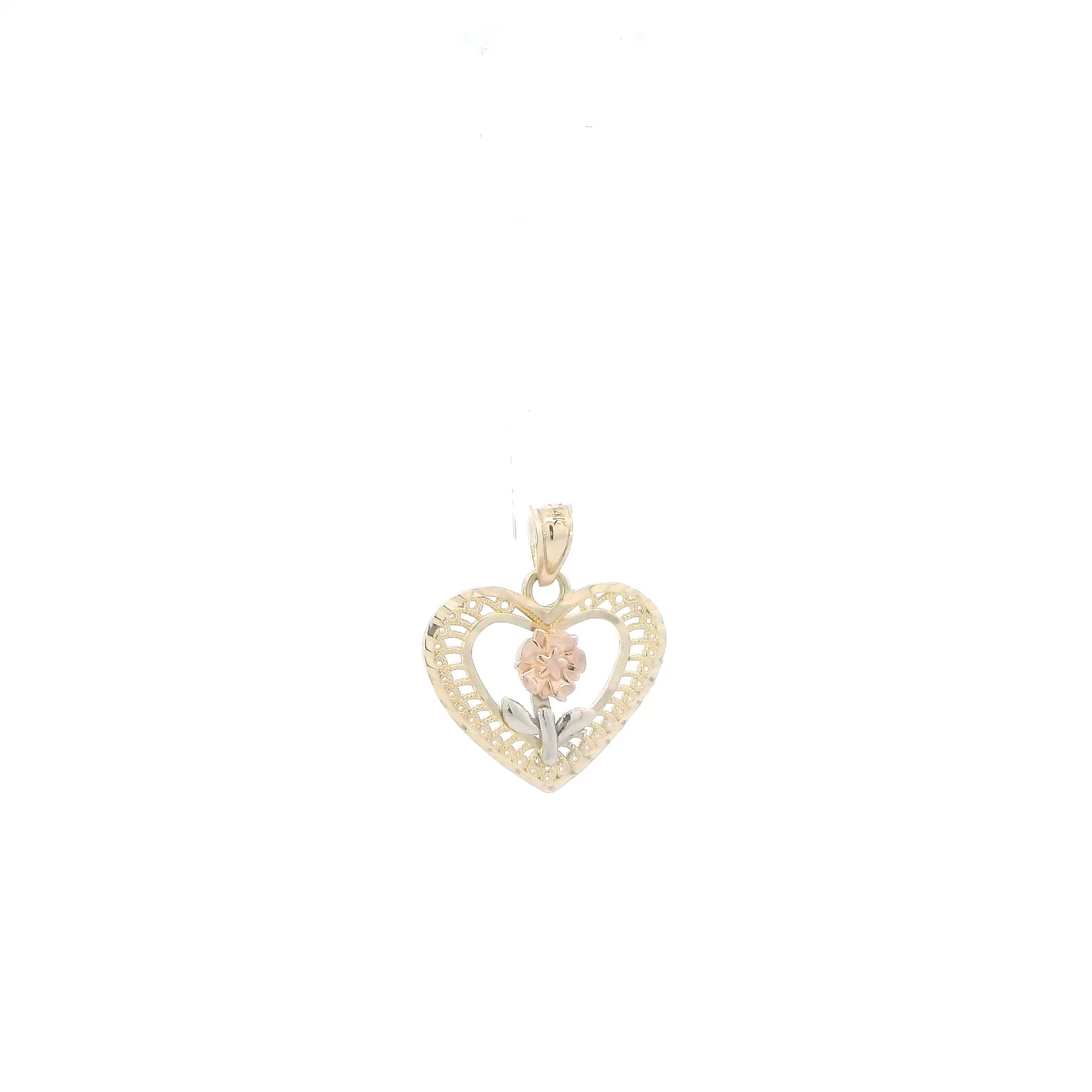 14K Tri Color Gold Rose & Heart Pendant