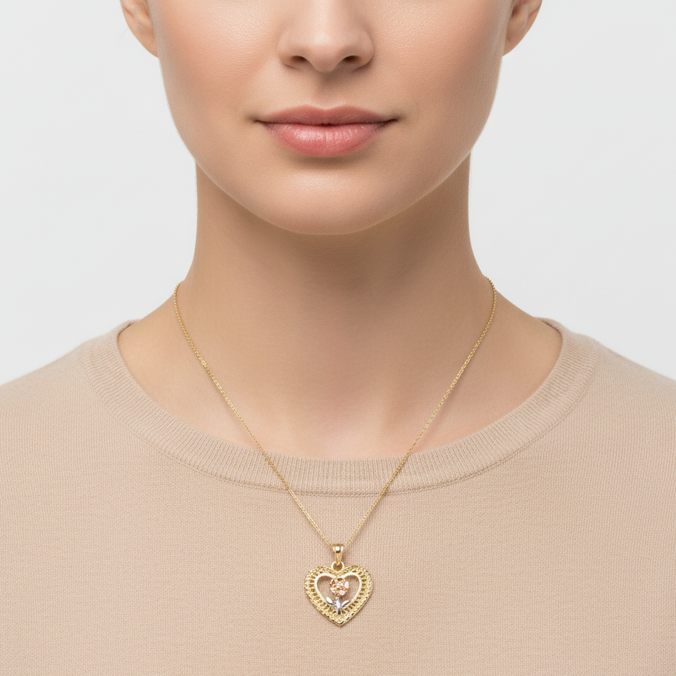 14K Tri Color Gold Rose & Heart Pendant