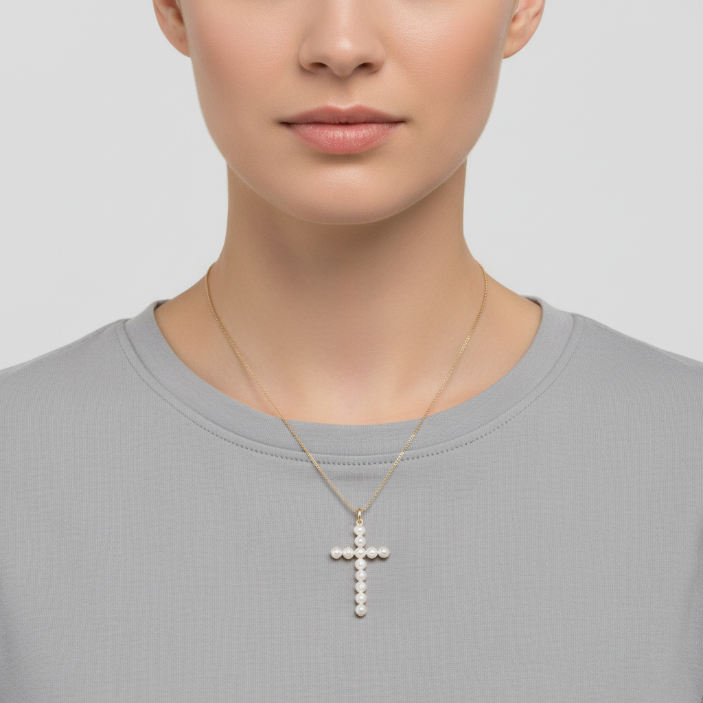 14K Yellow Gold Pearls Cross Pendant