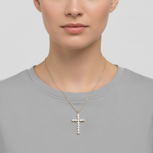 14K Yellow Gold Pearls Cross Pendant