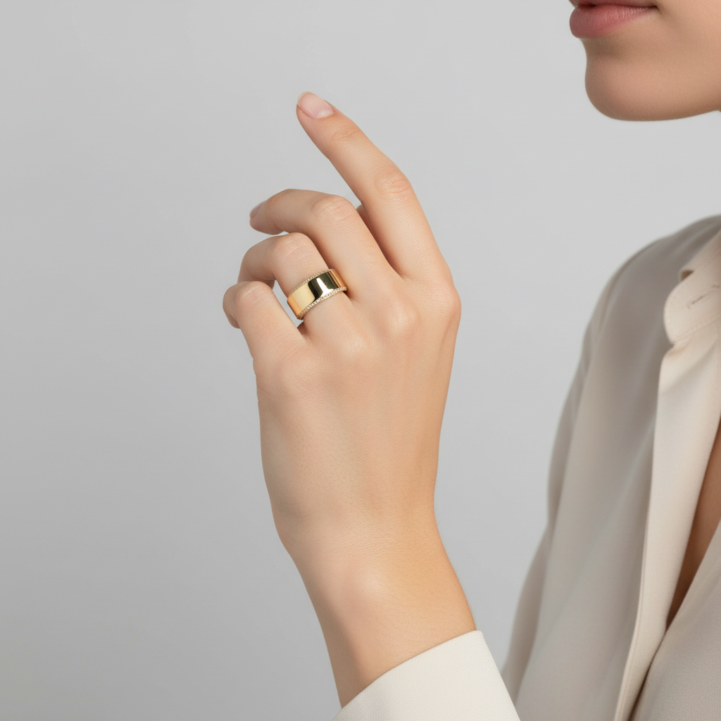 14K Yellow Gold Diamond Edged Band Womens Ring