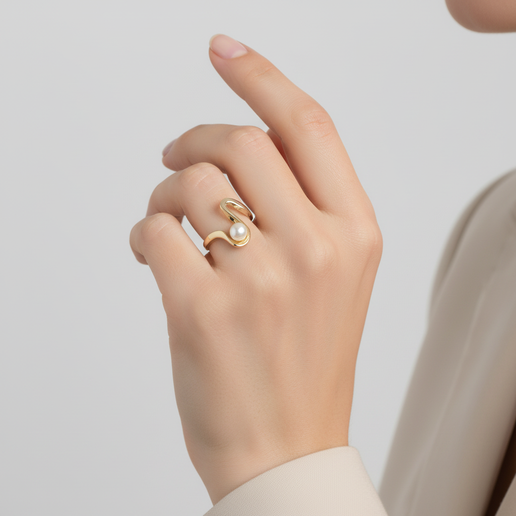 14K Yellow Gold Pearl Abstract Womens Ring
