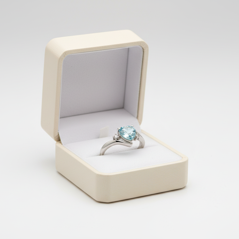 10K White Gold Aquamarine Heart Womens Ring