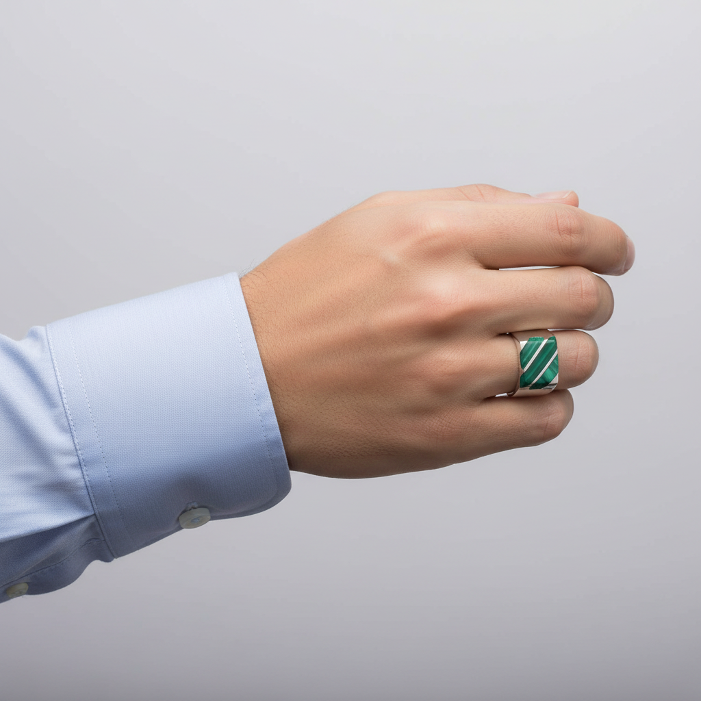 Taxco Mex Silver Malachite Inlaid Mens Ring