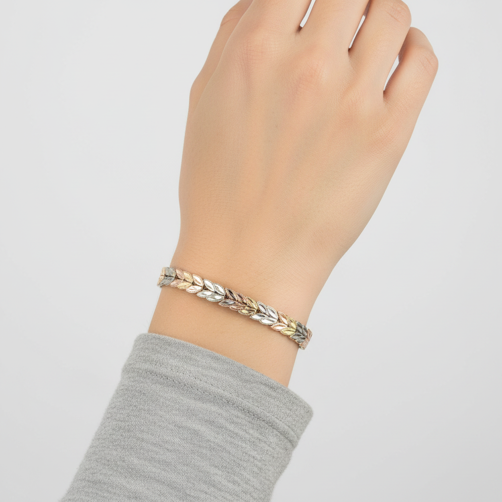 14K Tri Color Gold 7" Double Leaf Link Bracelet