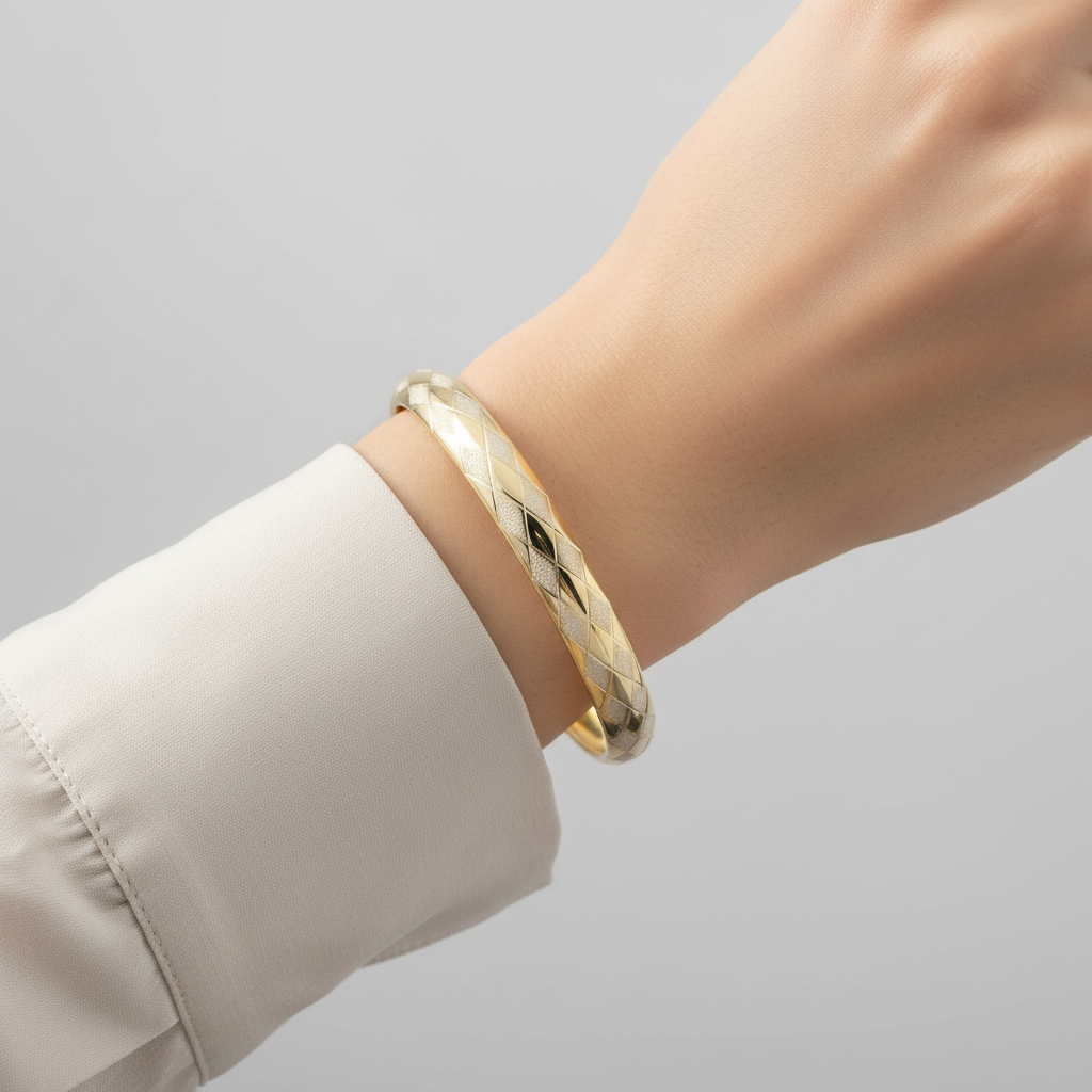 Bangle Yellow & White Gold Diamond Cut Checker Design Bangle Bracelet