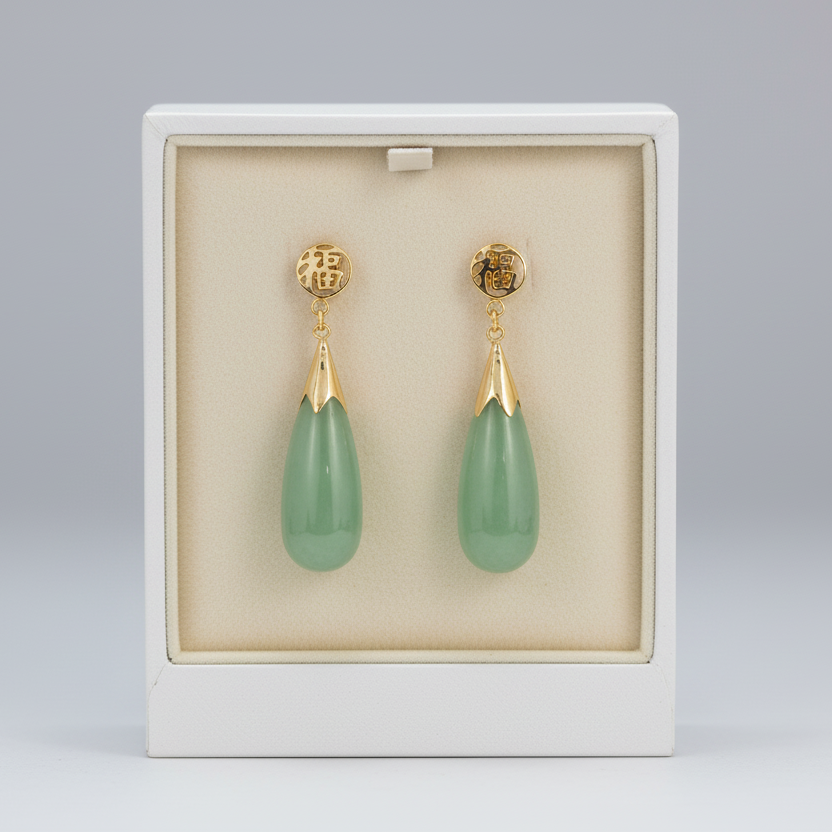 14K Yellow Gold Light Green Jade Pear Drop Dangle Earrings