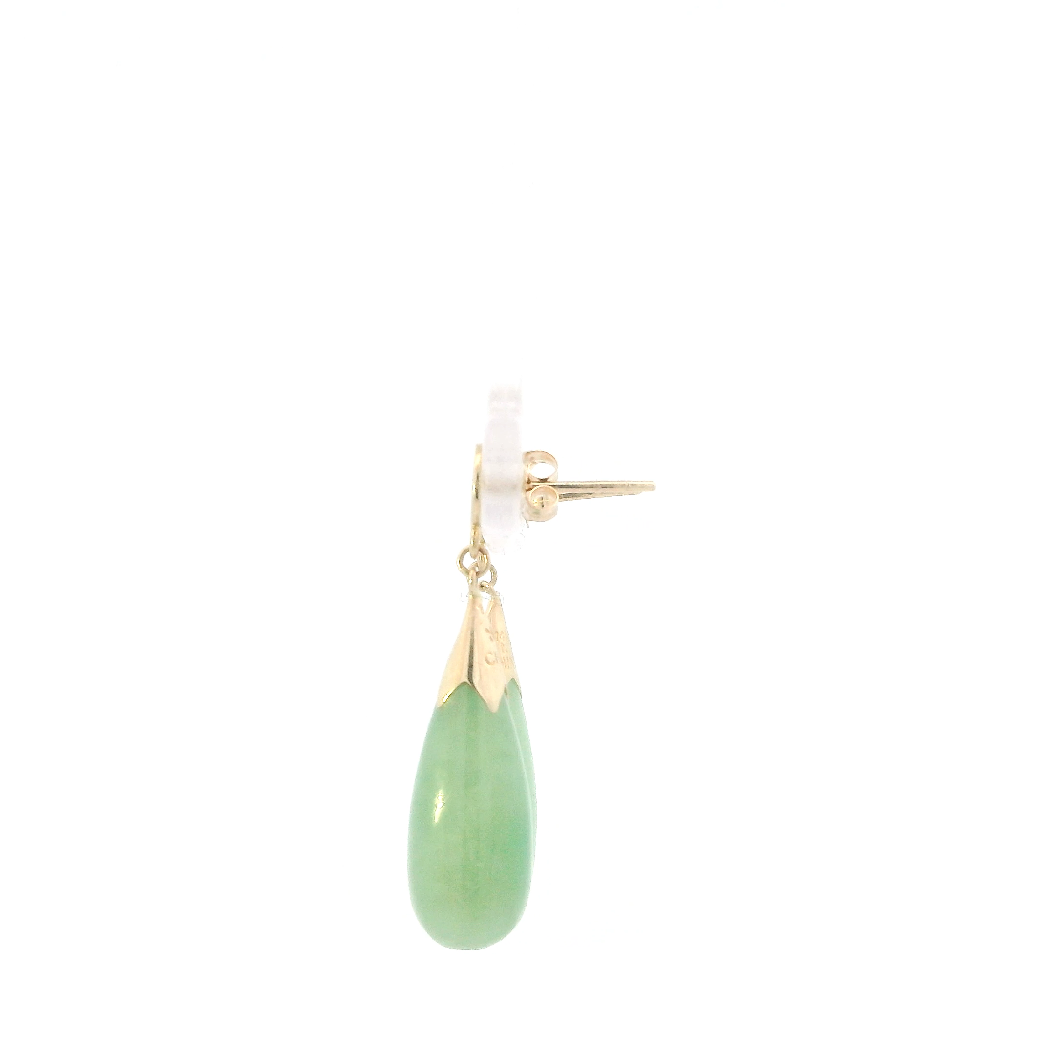14K Yellow Gold Light Green Jade Pear Drop Dangle Earrings