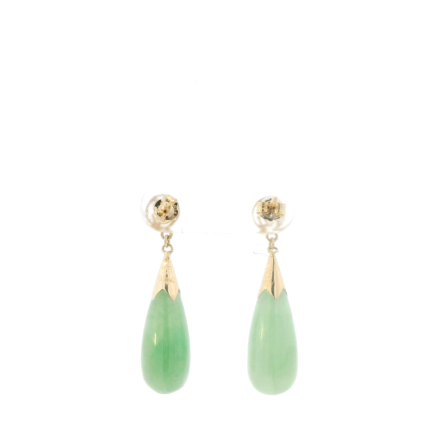 14K Yellow Gold Light Green Jade Pear Drop Dangle Earrings