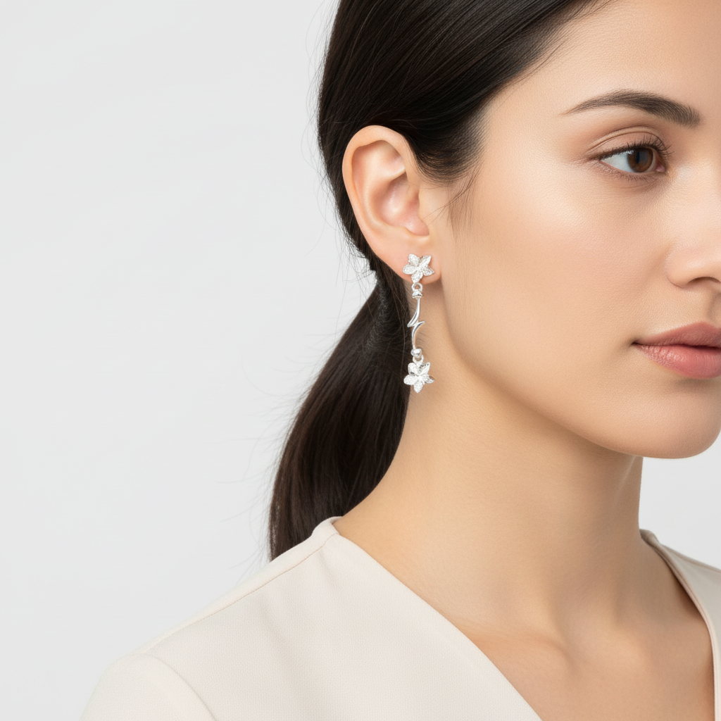 10K White Gold Plumeria Flower Dangle Earrings