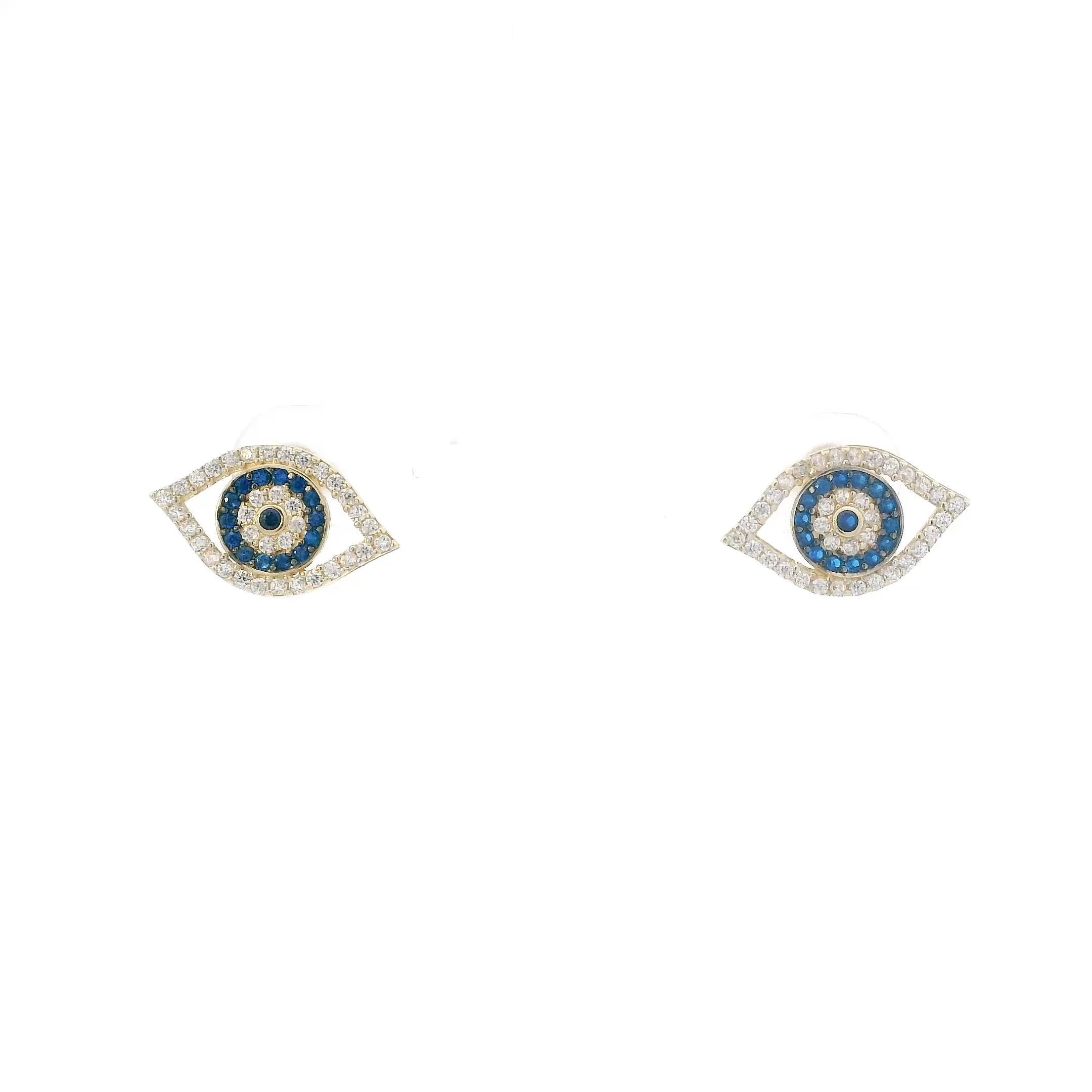 14K Yellow Gold White/Blue Cz Eye Stud Earrings