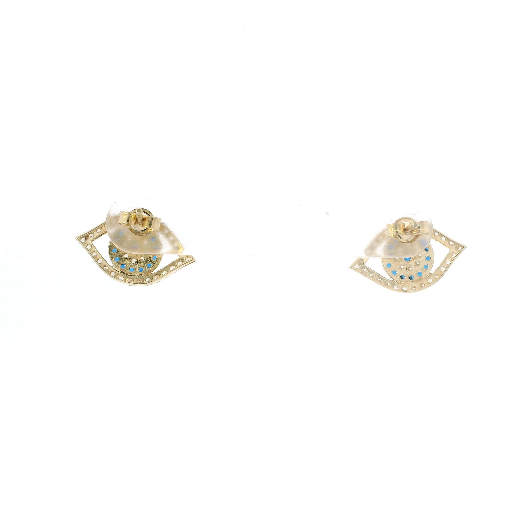 14K Yellow Gold White/Blue Cz Eye Stud Earrings