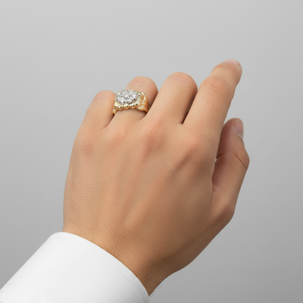 14K Yellow Gold Diamond Nugget Mens Ring - 0.70ct