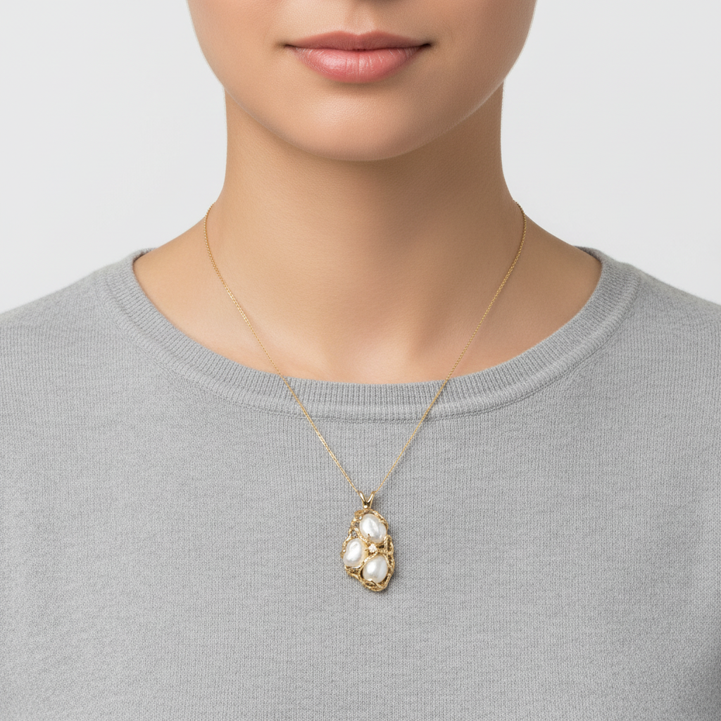 14K Yellow Gold Baroque Pearls & Diamond Pendant - 0.01ct