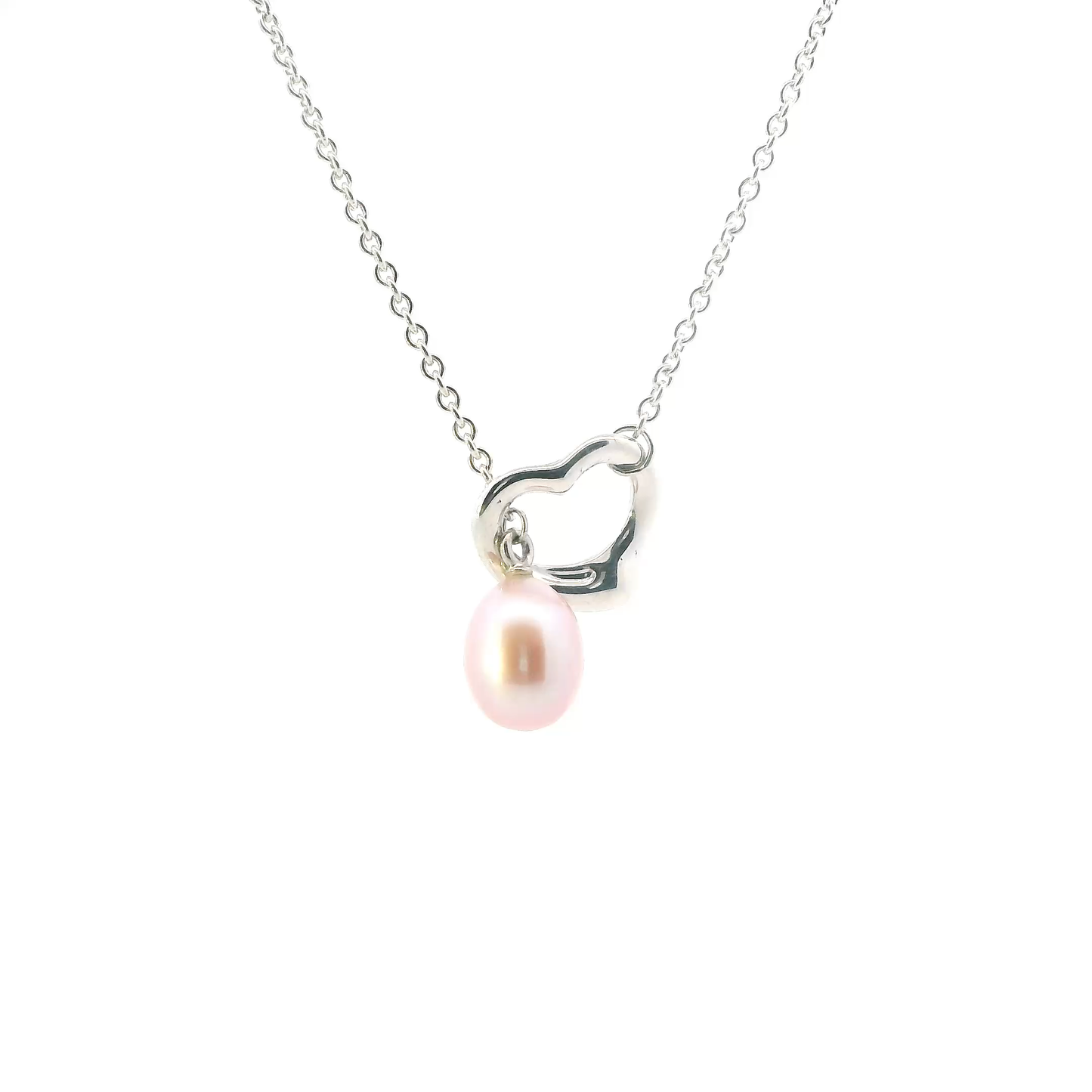 Tiffany & Co Silver Elsa Peretti Open Heart 18" Lariat Necklace & Pink Freshwater Pearl Pendant
