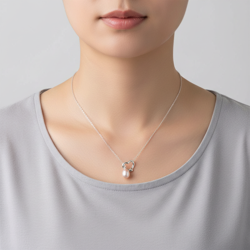 Tiffany & Co Silver Elsa Peretti Open Heart 18" Lariat Necklace & Pink Freshwater Pearl Pendant