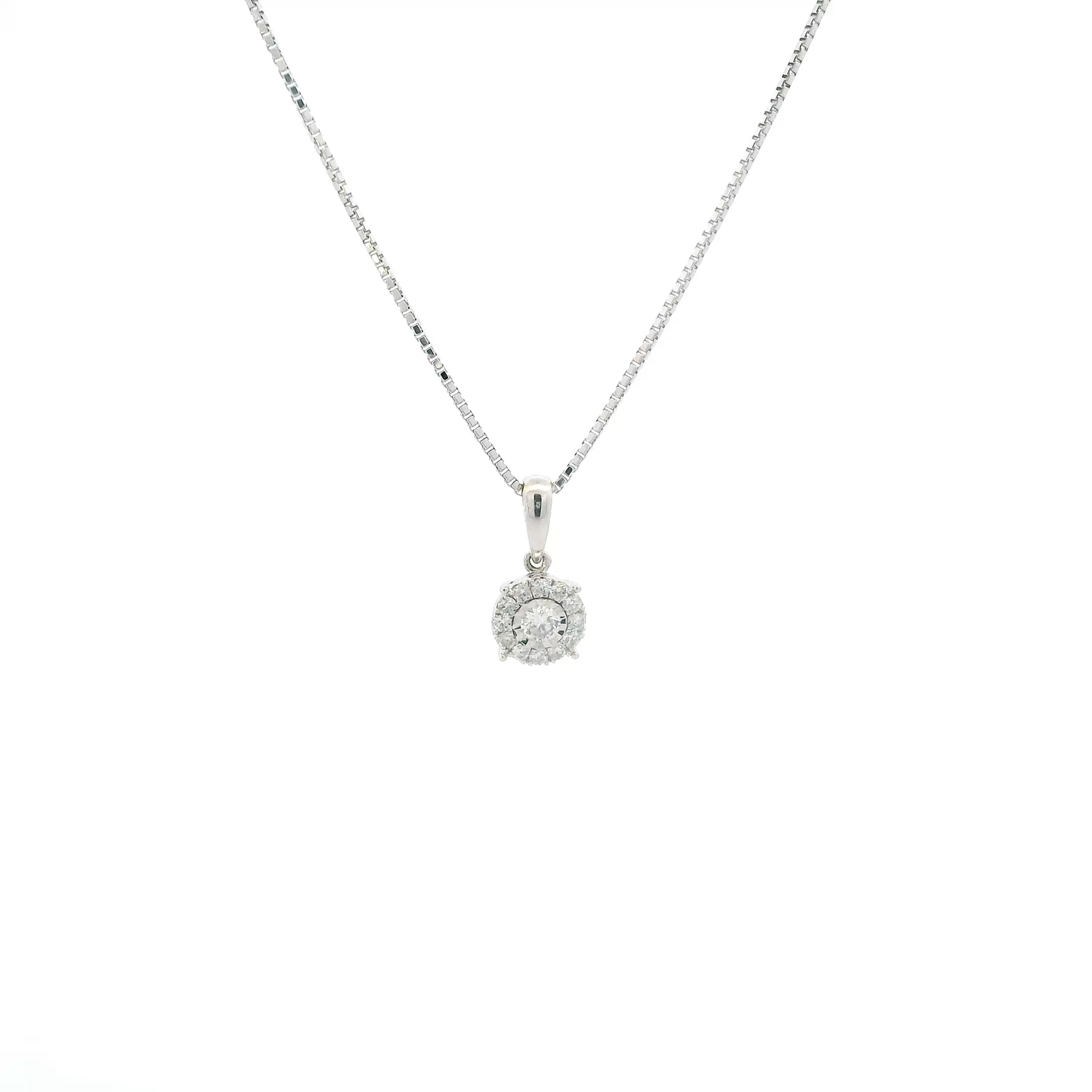 14K White Gold Diamonds Circle Pendant & 17" Box Chain - 0.18ct