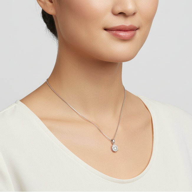 14K White Gold Diamonds Circle Pendant & 17" Box Chain - 0.18ct