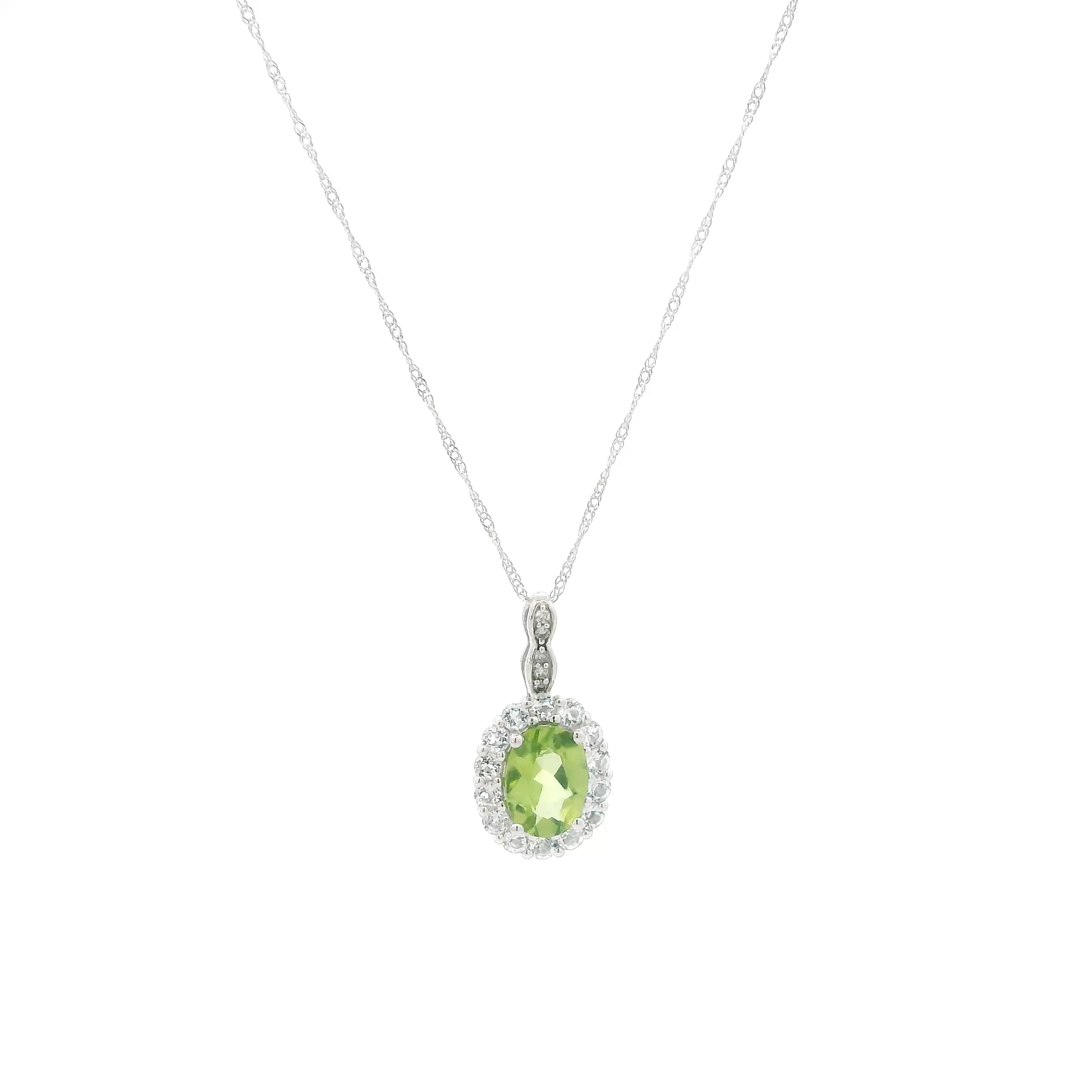 14K White Gold Peridot & White Topaz Pendant & 17