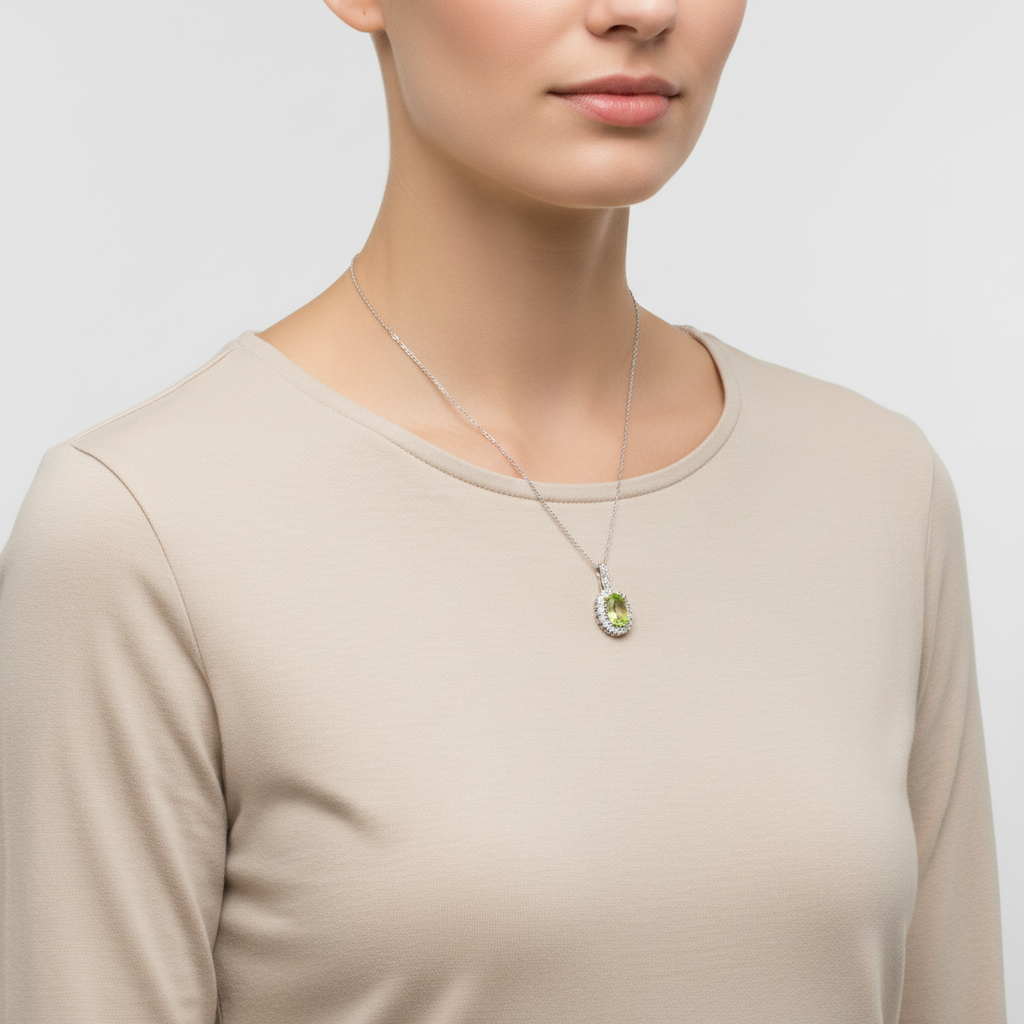 14K White Gold Peridot & White Topaz Pendant & 17