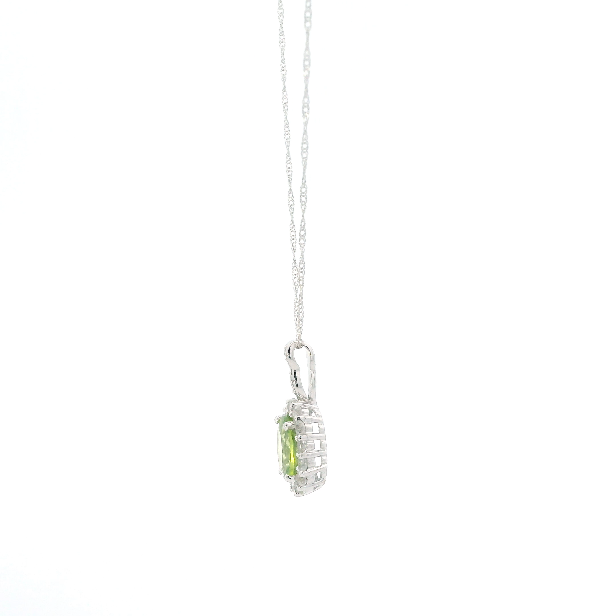 14K White Gold Peridot & White Topaz Pendant & 17