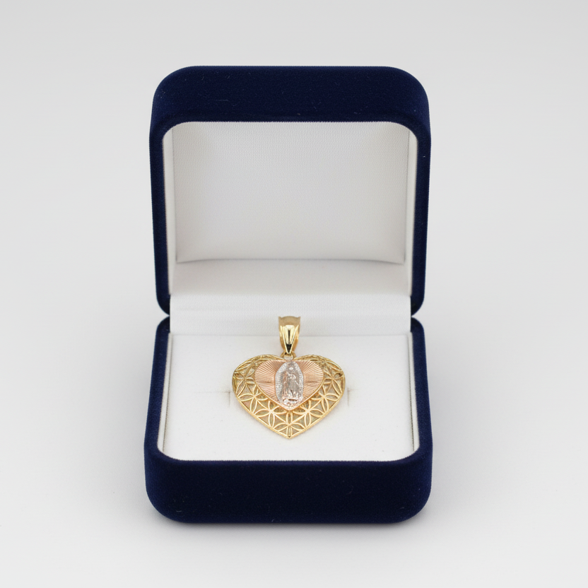 14K Tri Color Religious Figure Filigree Heart Pendant