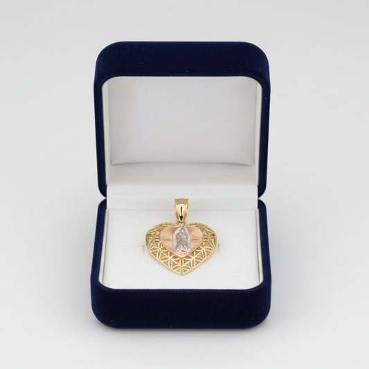 14K Tri Color Religious Figure Filigree Heart Pendant