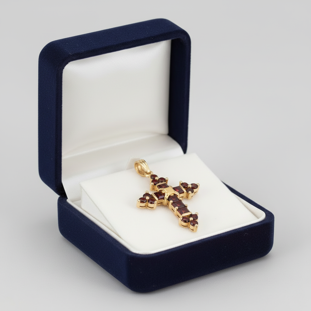 14K Yellow Gold Garnets Cross Pendant
