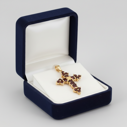 14K Yellow Gold Garnets Cross Pendant