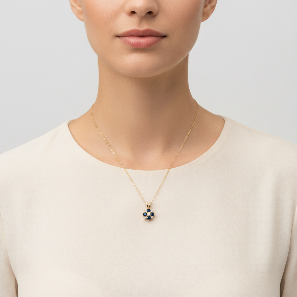 14K Yellow Gold Diamonds & Sapphire Flower Pendant - 0.07ct