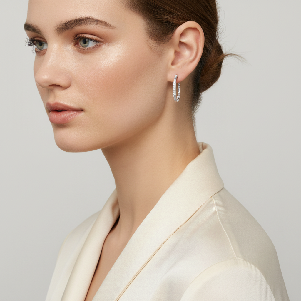 14K White Gold Diamond Oval Hoop Earrings - 0.80ct