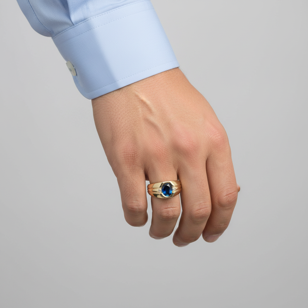 10K Yellow Gold Synthetic Blue Sapphires & Diamond Mens Ring - 0.02ct