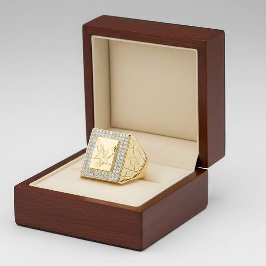 14K Yellow Gold Square Cz Nugget Eagle Mens Ring