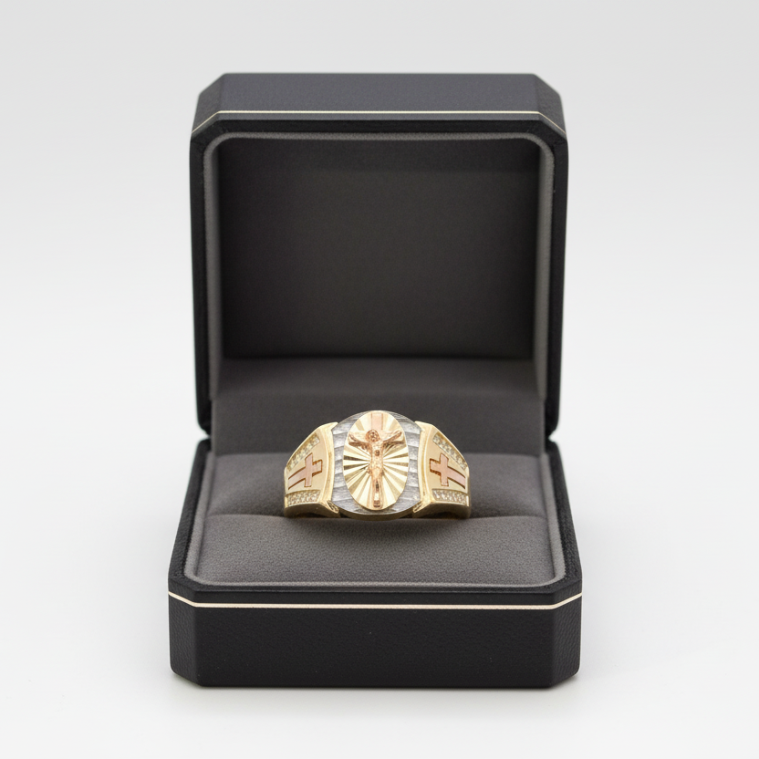14K Tri Color Gold Cz Religious Mens Ring