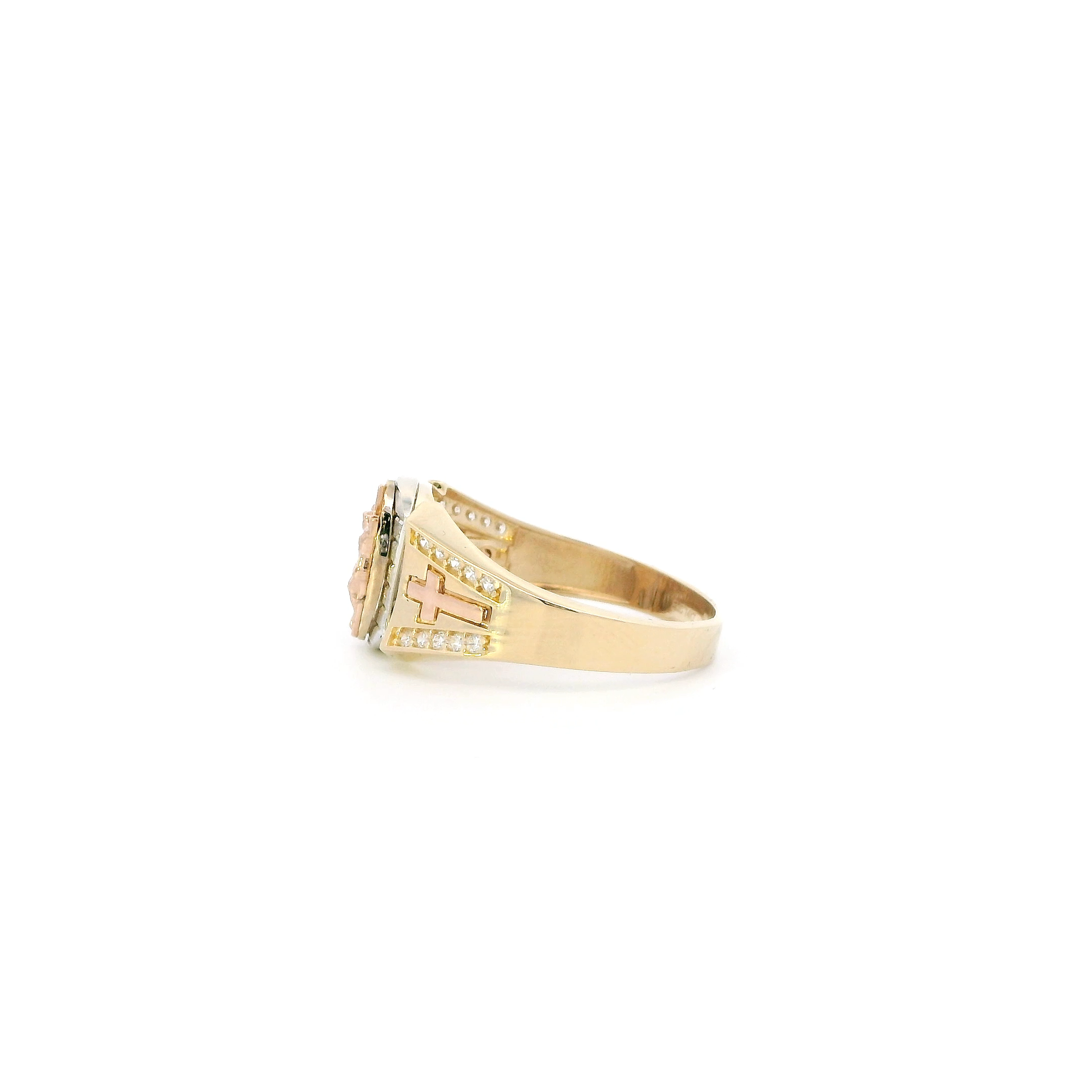 14K Tri Color Gold Cz Religious Mens Ring