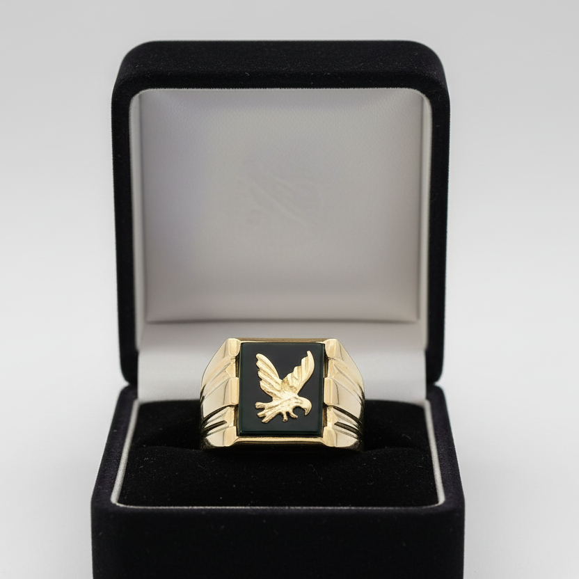 14K Yellow Gold Black Onyx Eagle Ring