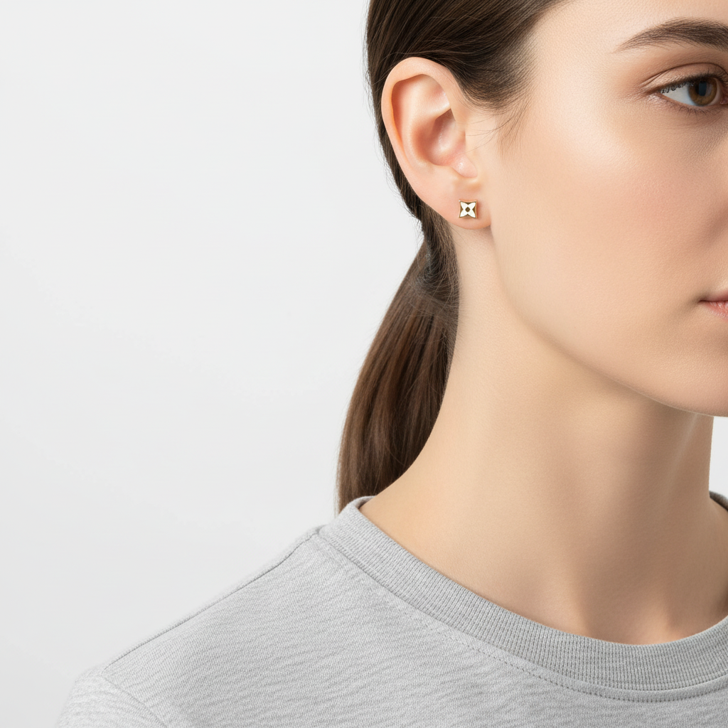 14K Yellow Gold Square Floral Stud Earrings