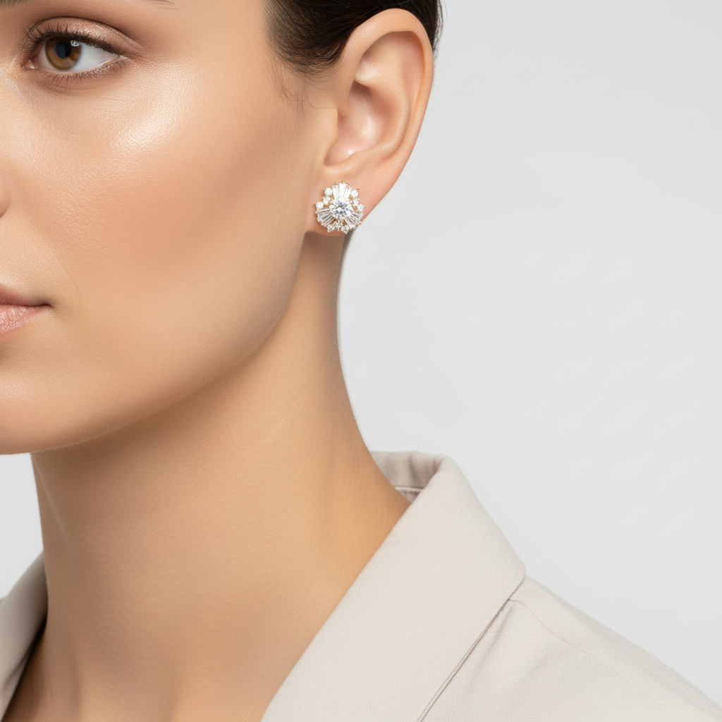 14K Yellow Gold Cz Cluster Earrings