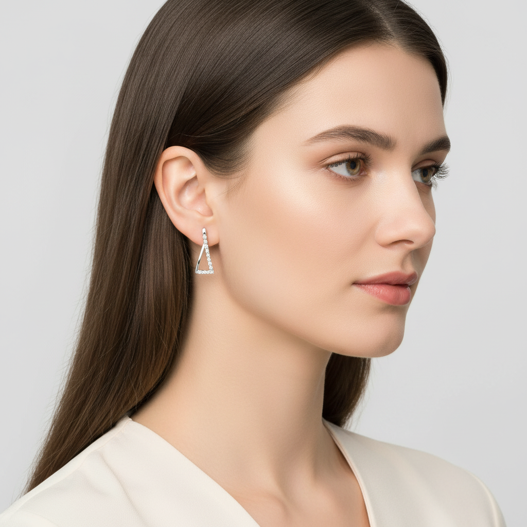 14K White Gold Abstract Triangle Design Dangle Earrings