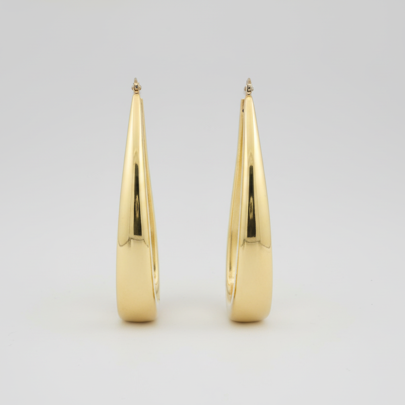 18K Yellow Gold Long Oval Hoop Earrings
