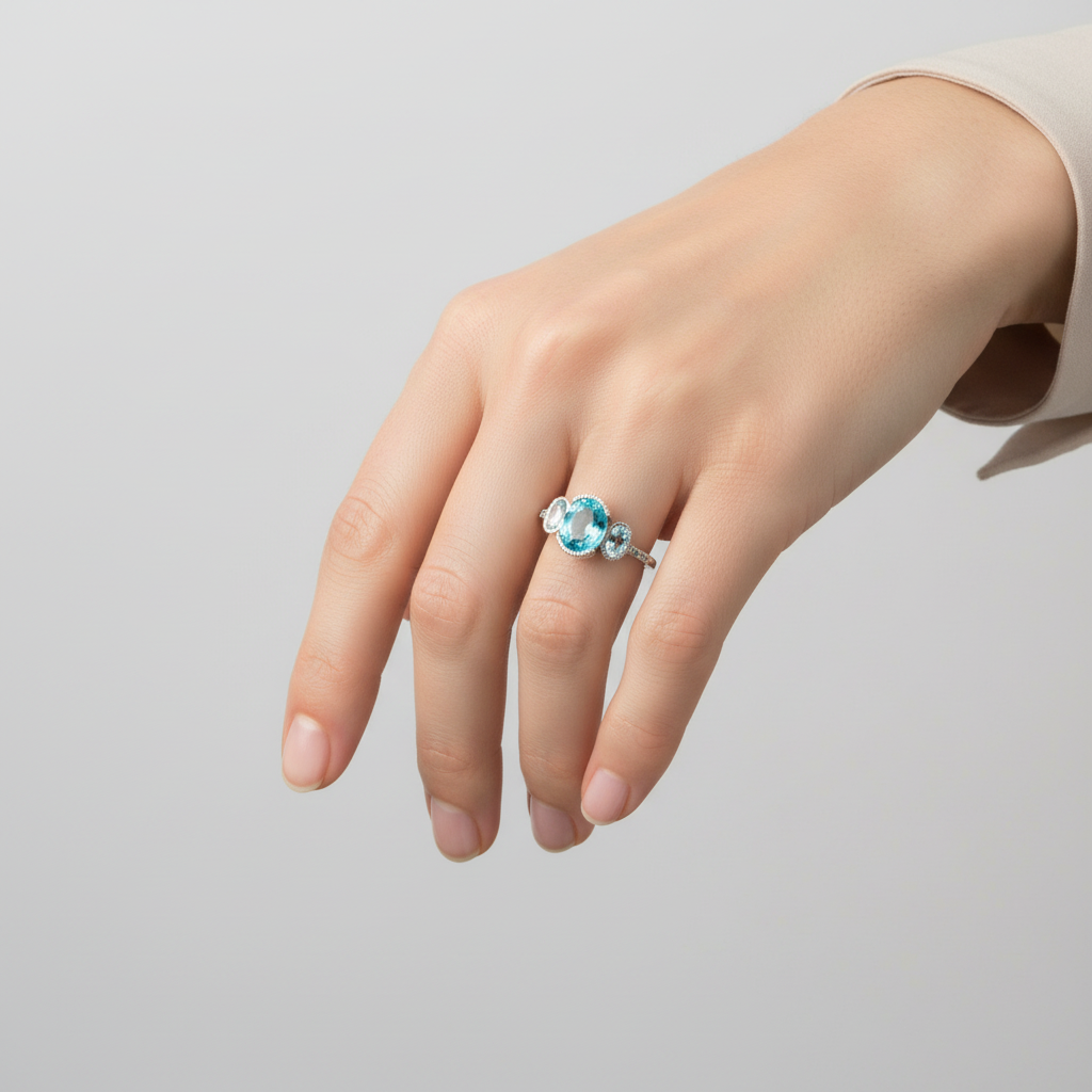 14K White Gold Blue Topaz, Aquamarine, & Blue Diamonds Womens Ring - 0.05ct